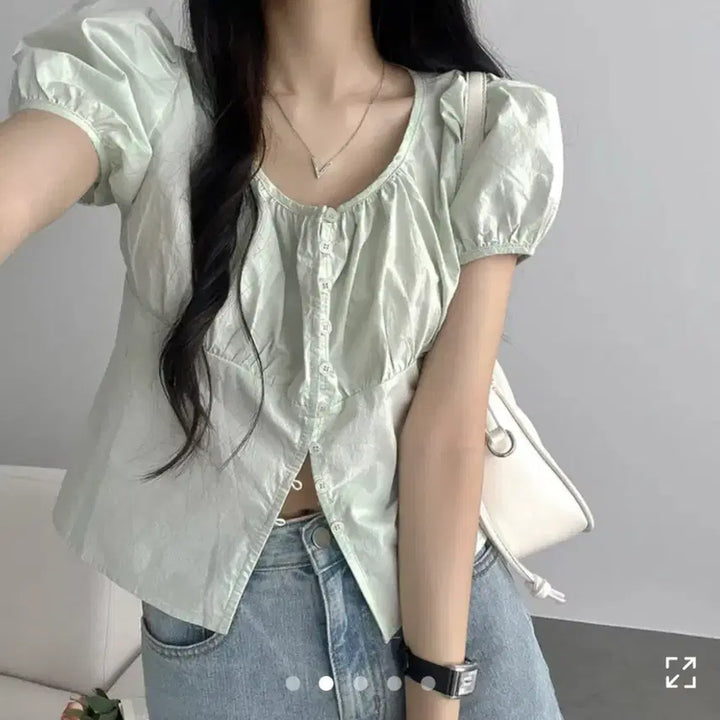 [BUNJANG] BabiBly Puff Round Ruffled Short Sleeve Blouse - Light Green / 바비블리 퍼프 라운드 주름 반팔 블라우스 연그린 에이블리 지그재그