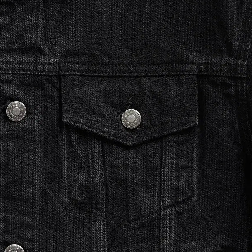 [BUNJANG] Elwood Falcon Denim Trucker Jacket Black / 엘무드 팔코 데님 트러커 리브드 블랙 46