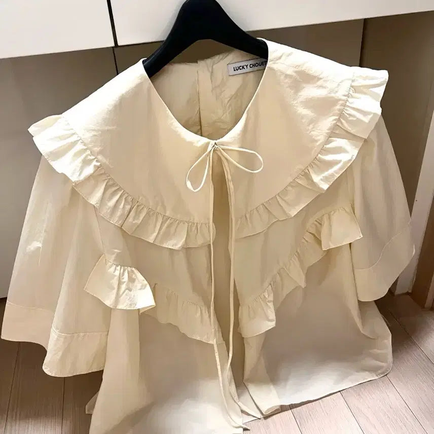 [BUNJANG] Lucky Chouette Sailor Frill Big Collar Blouse Yellow / 22 럭키슈에뜨 세일러 프릴 빅카라 바스락 반팔 블라우스 리본A라인연노랑