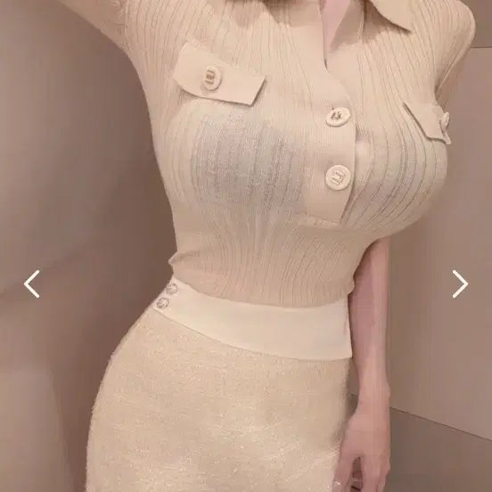 [BUNJANG] 5-Button Pocket Knit + Cubic Tweed Satin Skirt Set / 르스완 5부 포켓 니트 + 큐빅 트위드 새틴 스커트