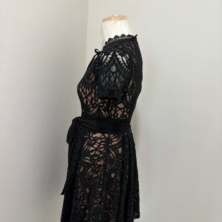 [BUNJANG] Black Lace Ribbon Belt Mini Dress / 블랙 레이스 리본 벨트 원피스