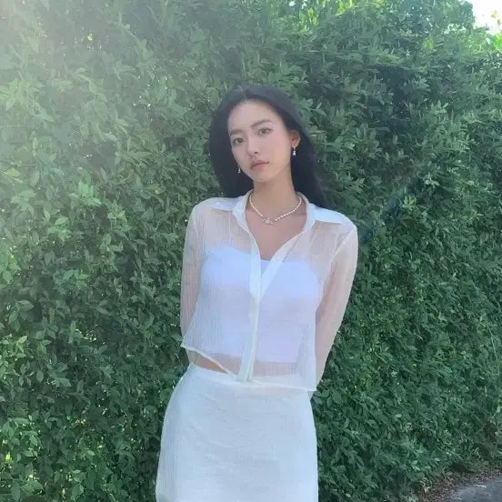 [BUNJANG] Fayes Jade Swan Set-up White (Crop Blouse + Skirt) / 페일제이드 스완 셋업 화이트 (크롭 블라우스 + 스커트)