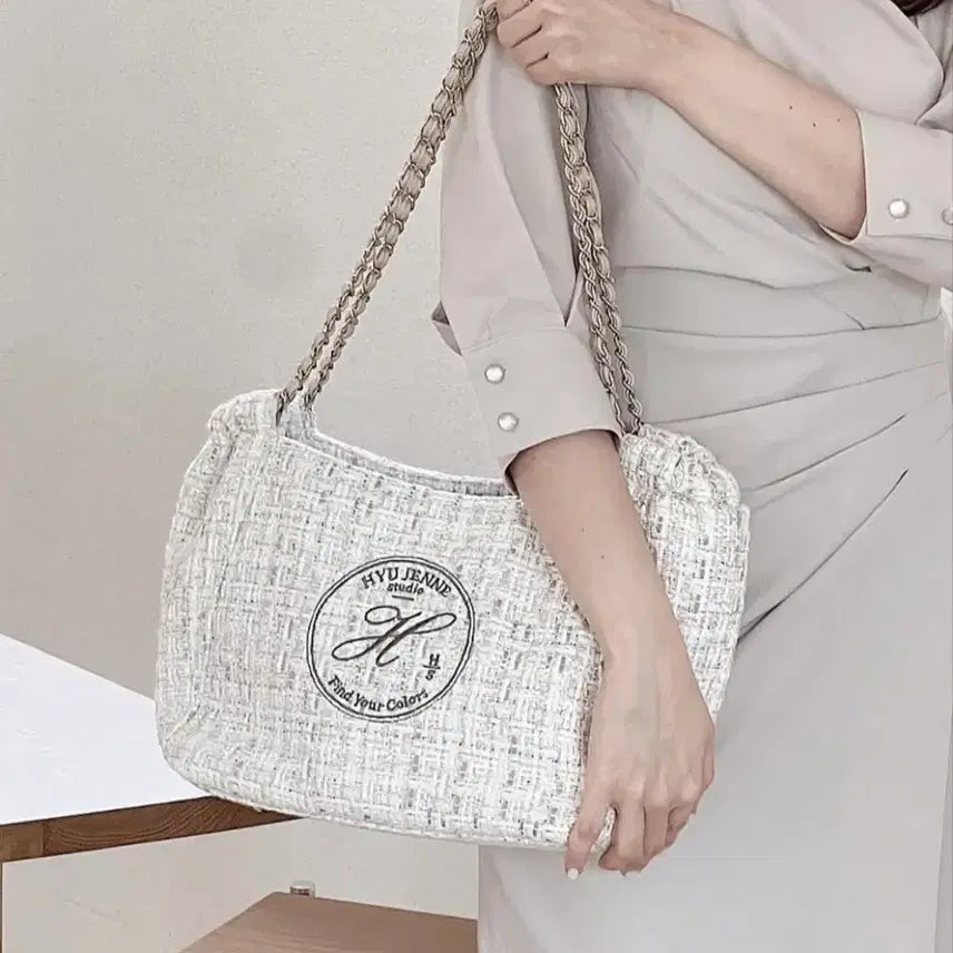 [BUNJANG] HYU.JENNE Ripa Bag Tweed Chain Shoulder Bag Cream / HYU.JENNE(휴젠느) 리파백 트위드 체인 숄더백