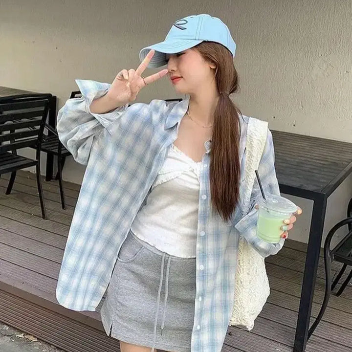 [BUNJANG] Pastel Soft Blue Check Summer Shirt / (새상품) 여리여리 파스텔 소프트 블루 체크 여름 셔츠