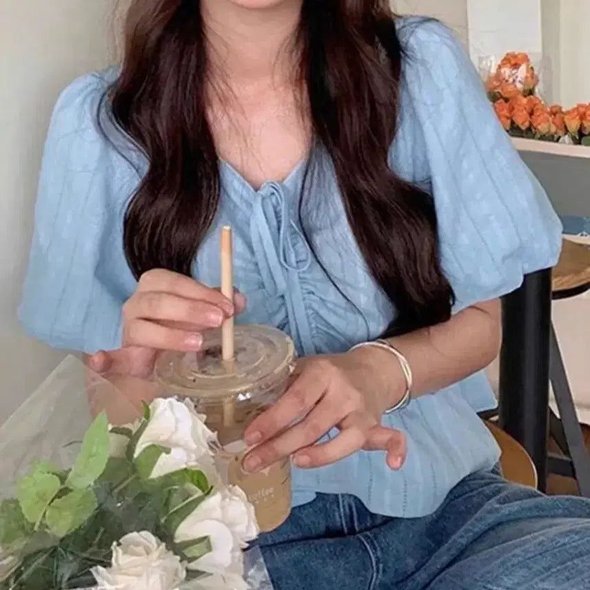 [BUNJANG] Light Blue Shirring Puff Short-Sleeve Blouse / (새상품) 하늘색 셔링 퍼프 반팔 블라우스