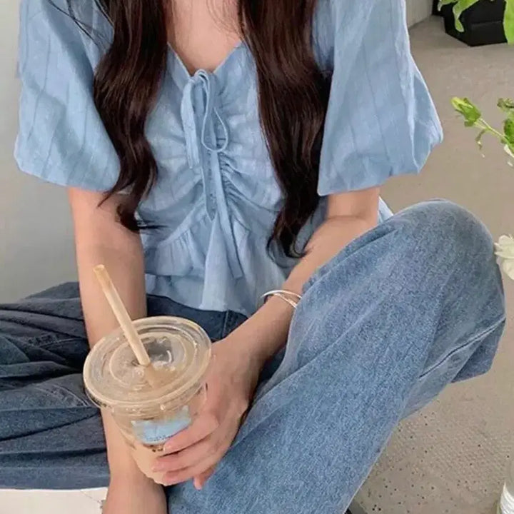[BUNJANG] Light Blue Shirring Puff Short-Sleeve Blouse / (새상품) 하늘색 셔링 퍼프 반팔 블라우스