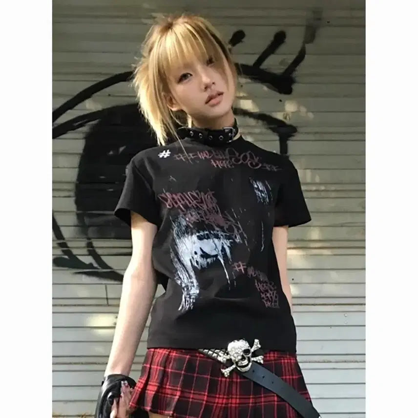 [BUNJANG] Punk Dark Graphic Short Sleeve T-Shirt / 펑크 다크 그래픽 반팔 티셔츠