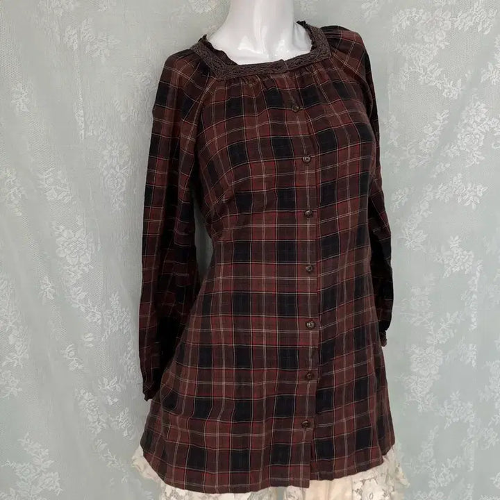 [BUNJANG] Vintage Brown Check Crochet Mori Blouse / 빈티지 브라운 체크 크로셰 모리 블라우스 1128 모리걸 y2k 스트릿