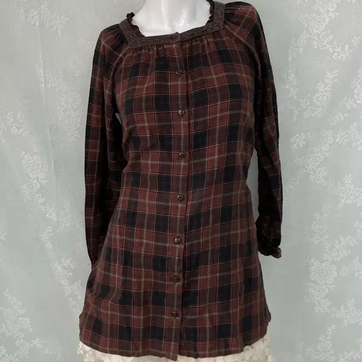 [BUNJANG] Vintage Brown Check Crochet Mori Blouse / 빈티지 브라운 체크 크로셰 모리 블라우스 1128 모리걸 y2k 스트릿