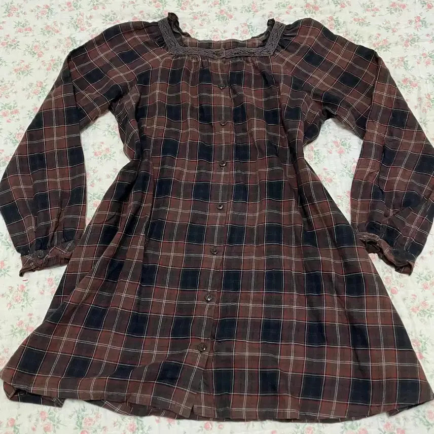 [BUNJANG] Vintage Brown Check Crochet Mori Blouse / 빈티지 브라운 체크 크로셰 모리 블라우스 1128 모리걸 y2k 스트릿