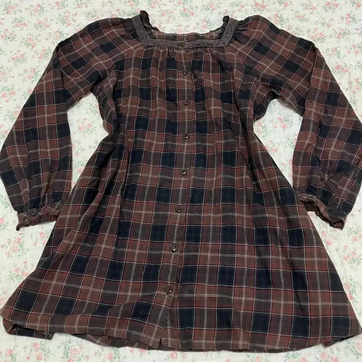 [BUNJANG] Vintage Brown Check Crochet Mori Blouse / 빈티지 브라운 체크 크로셰 모리 블라우스 1128 모리걸 y2k 스트릿