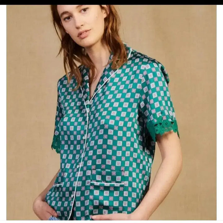 [BUNJANG] Sandro Paris Green Check Silk Shirt / 산드로 파리 그린 체크 실크 셔츠