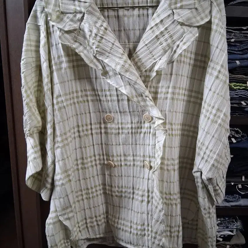 [BUNJANG] Check Pleated Short-Sleeve Blouse / 체크 플리츠 반팔 블라우스(66)