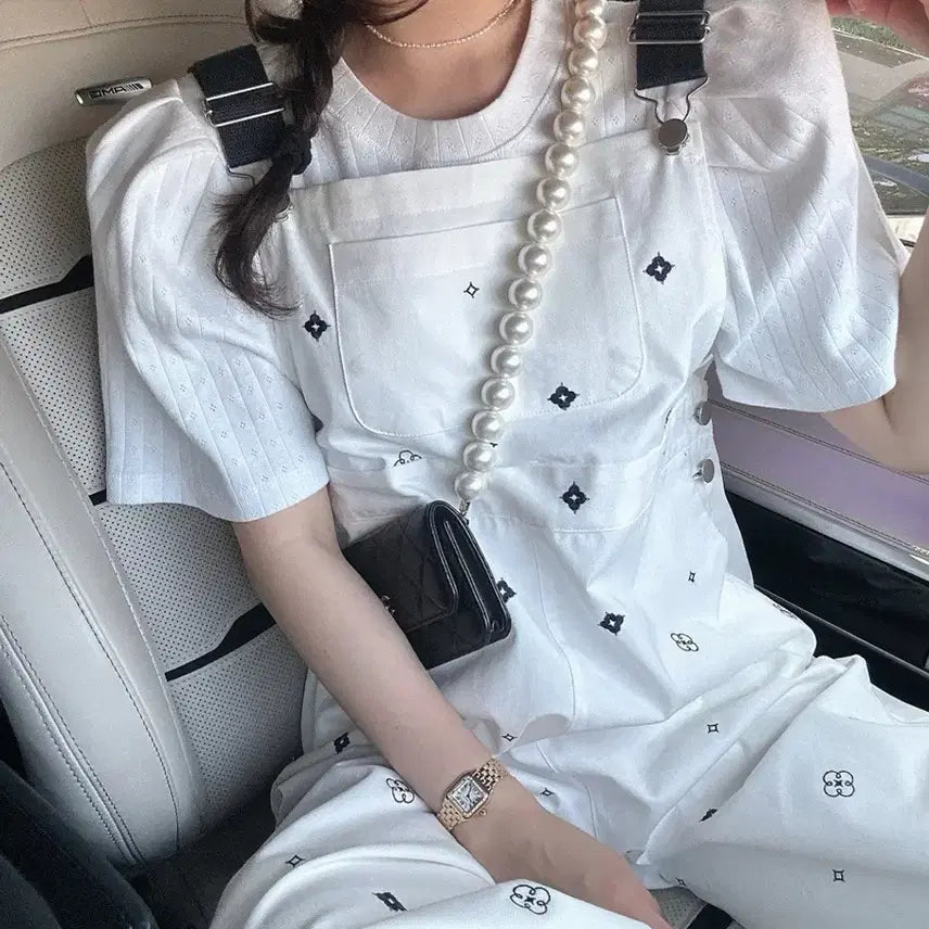 [BUNJANG] Bicyne Embroidered Overalls Pants Ivory / 바이씨니 자수 오버롤 팬츠:)