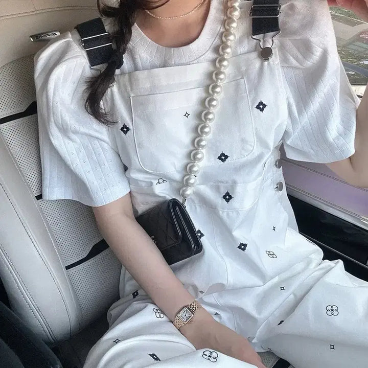 [BUNJANG] Bicyne Embroidered Overalls Pants Ivory / 바이씨니 자수 오버롤 팬츠:)