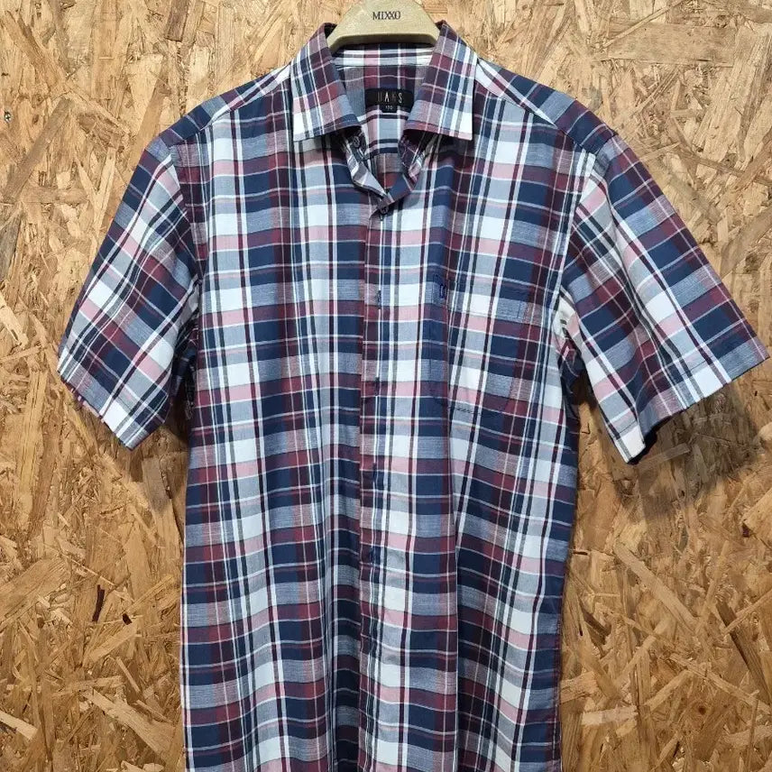 [BUNJANG] DAKS Classic Check Short Sleeve Shirt - Navy/Burgundy/Pink / DAKS 닥스 체크 반팔 셔츠 100
