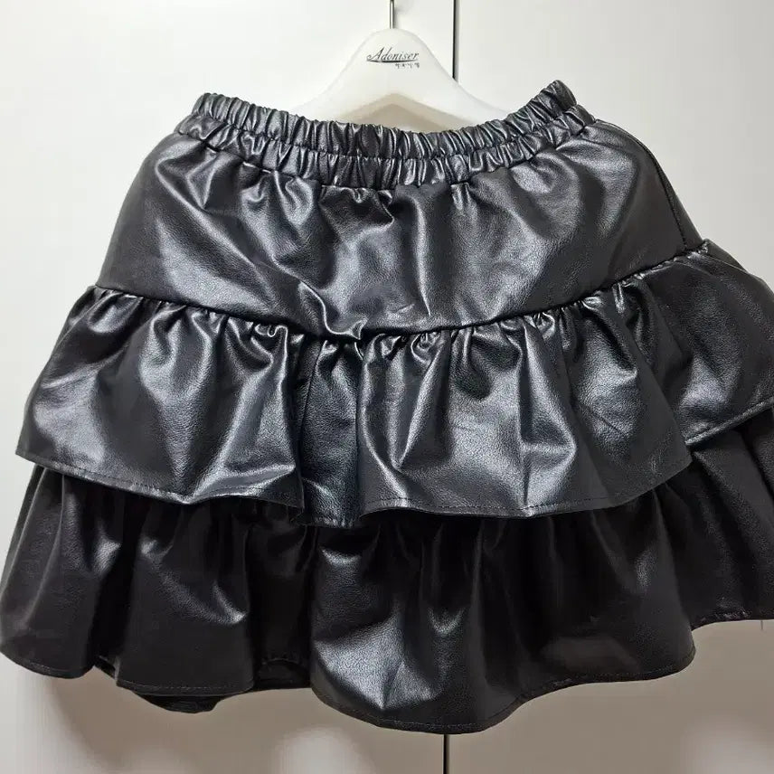 [BUNJANG] Black Leather Ruffled Mini Skirt / 레더 캉캉 치마 미니스커트