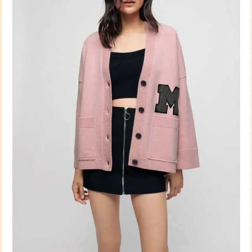 [BUNJANG] Maje Pink Wool M Logo College Cardigan / 마쥬 핑크 울 M로고 칼리지 가디건