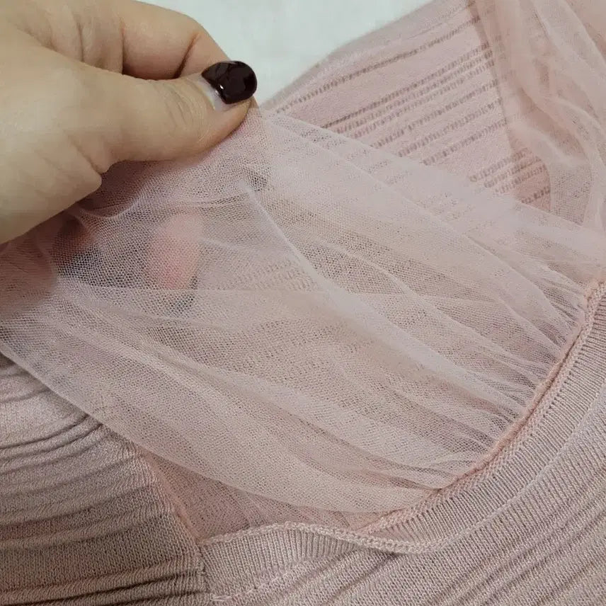 [BUNJANG] Pink Lace Cropped Ribbed T-shirt / 핑크 레이스 크롭골지티