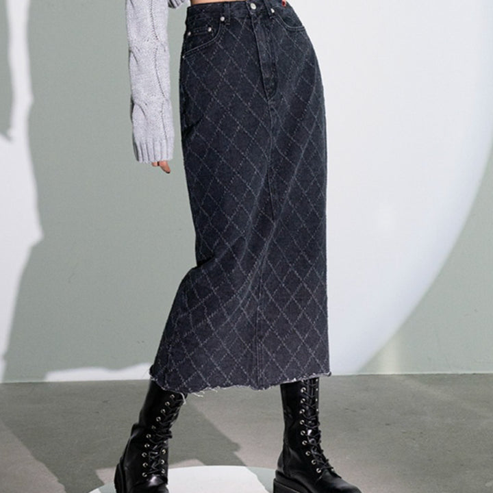 [BUNJANG] Urban Dress Quilting Long Denim Skirt Black / 어반드레스 퀼팅 롱 데님 스커트 블랙