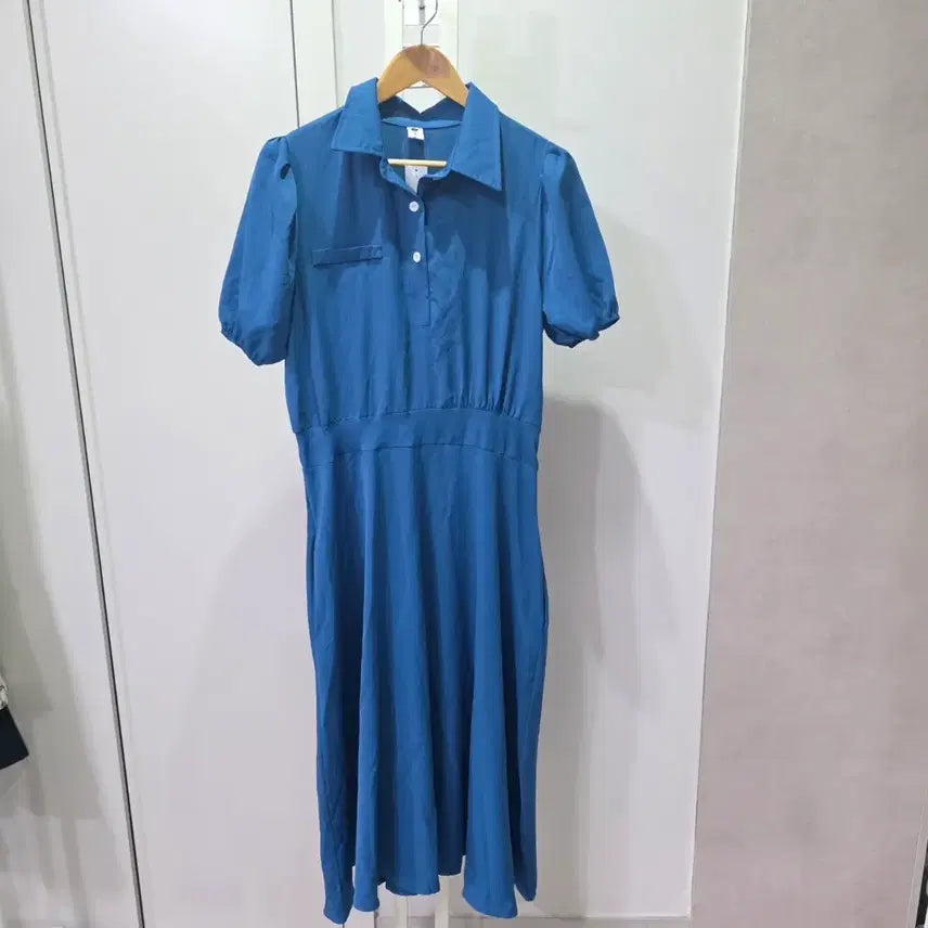 [BUNJANG] Blue Short-Sleeve Shirt Long Dress / 블루 반팔 셔츠형 롱 원피스