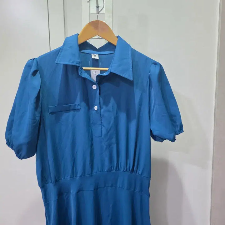 [BUNJANG] Blue Short-Sleeve Shirt Long Dress / 블루 반팔 셔츠형 롱 원피스