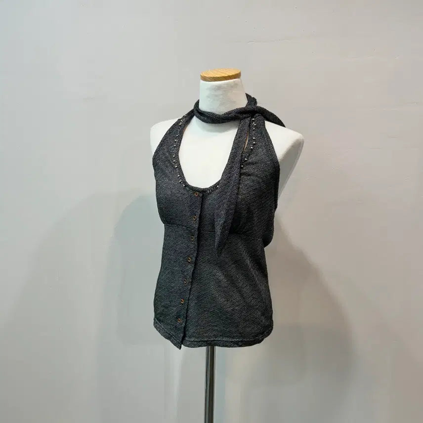 [BUNJANG] Beaded Unbalanced Halter Sleeveless Top / 비즈 언발 홀터 슬리브리스