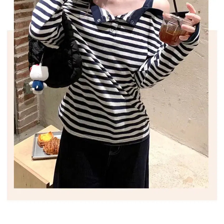 [BUNJANG] Stripe Off-Shoulder Long Sleeve T-Shirt / 스트라이프 오프숄더 긴팔 티셔츠