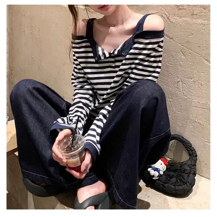 [BUNJANG] Stripe Off-Shoulder Long Sleeve T-Shirt / 스트라이프 오프숄더 긴팔 티셔츠