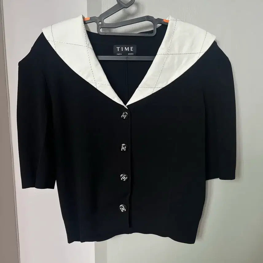 [BUNJANG] Time Sailor Collar Puff Short Sleeve Knit Black / 타임 세일러카라 퍼프 반팔 니트 블랙