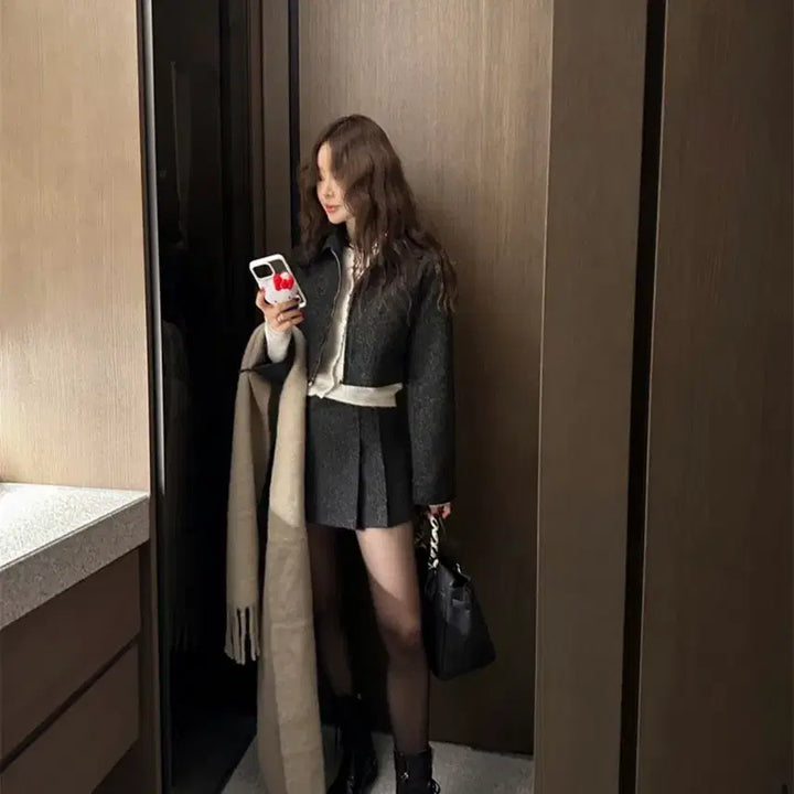 [BUNJANG] Partysu Blouson Jacket and Skirt Set / 파티수 블루종 자켓 스커트 블랙 컬러 세트 S