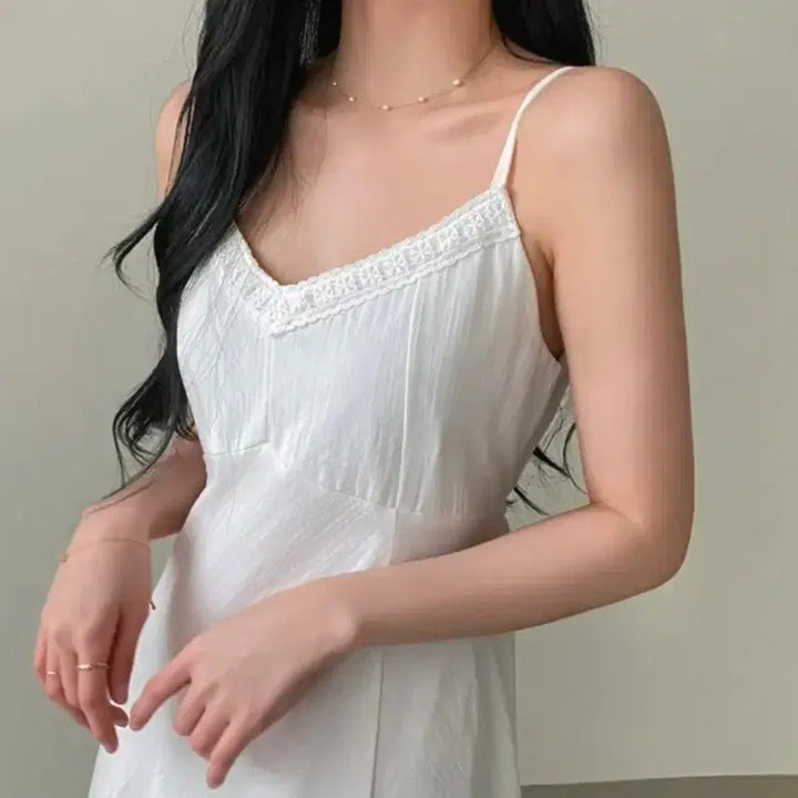 [BUNJANG] White Lace Cami Long Dress / 화이트 레이스 끈나시 롱 원피스
