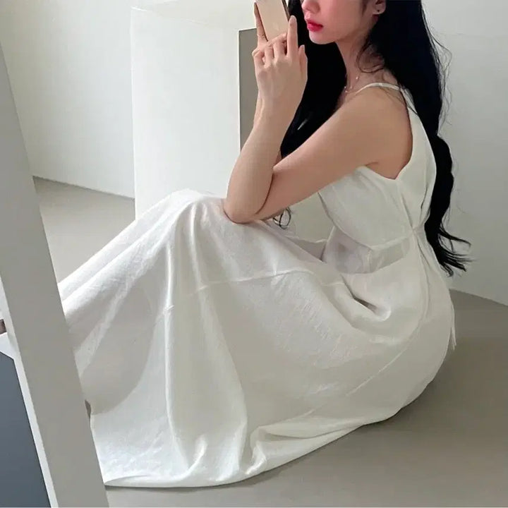 [BUNJANG] White Lace Cami Long Dress / 화이트 레이스 끈나시 롱 원피스