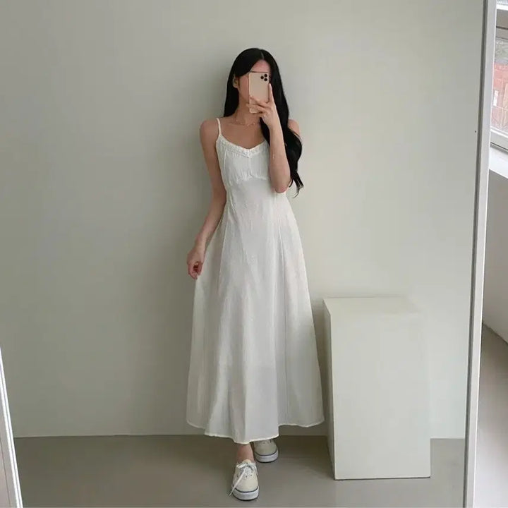 [BUNJANG] White Lace Cami Long Dress / 화이트 레이스 끈나시 롱 원피스