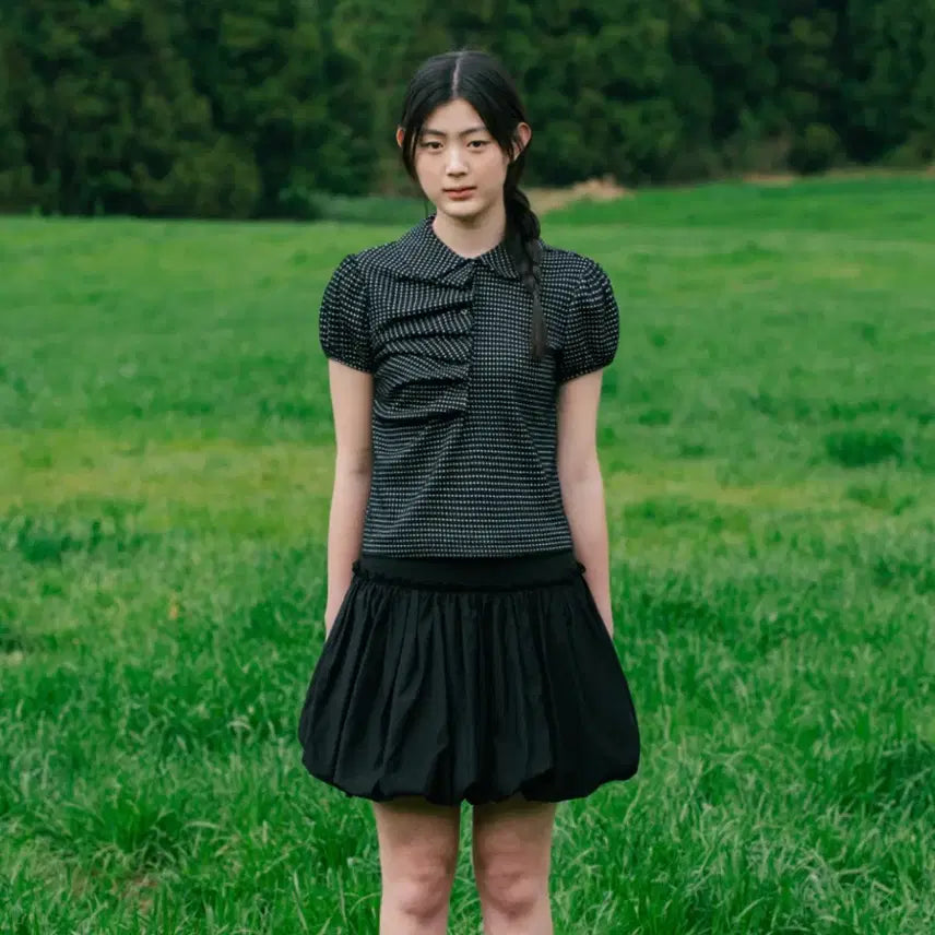 [BUNJANG] Ohescio Dot Shirring Collar T-shirt Blouse Black / 오헤시오 도트 셔링 카라 티셔츠 블라우스 블랙