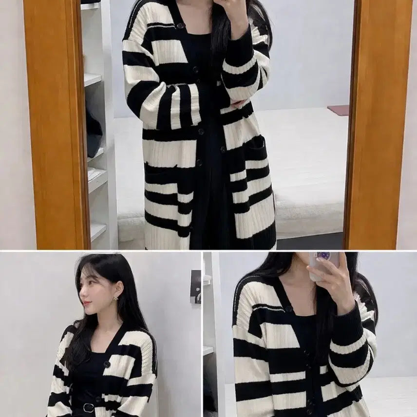 [BUNJANG] Striped Long Cardigan Black/Ivory / 스트라이프 롱 가디건 블랙/아이보리