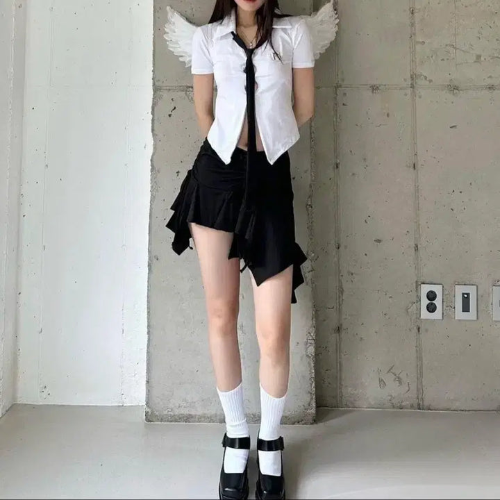 [BUNJANG] New Orleans String Shirring Asymmetrical Skirt Shorts Set Black / 뉴얼린 스트링 셔링 언발란스 스커트쇼츠 세트 블랙