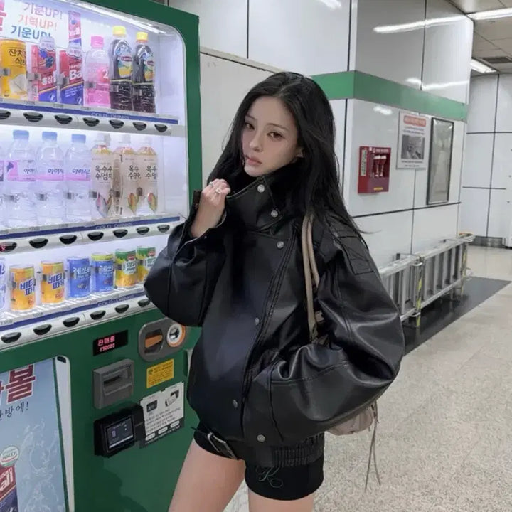 [BUNJANG] Khaki Point Leather Jacket Black / 카키포인트 레더자켓 블랙