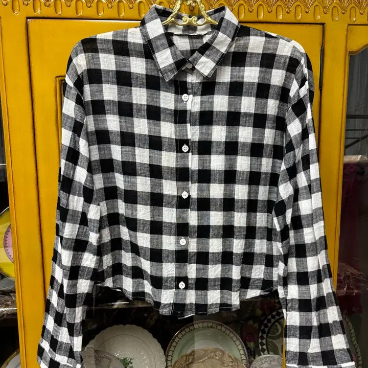 [BUNJANG] Black White Check Cropped Shirt Linen-Feel Summer Long Sleeve / 반값택포) 블랙 화이트 체크 크롭 셔츠 / 린넨 느낌 여름 긴팔