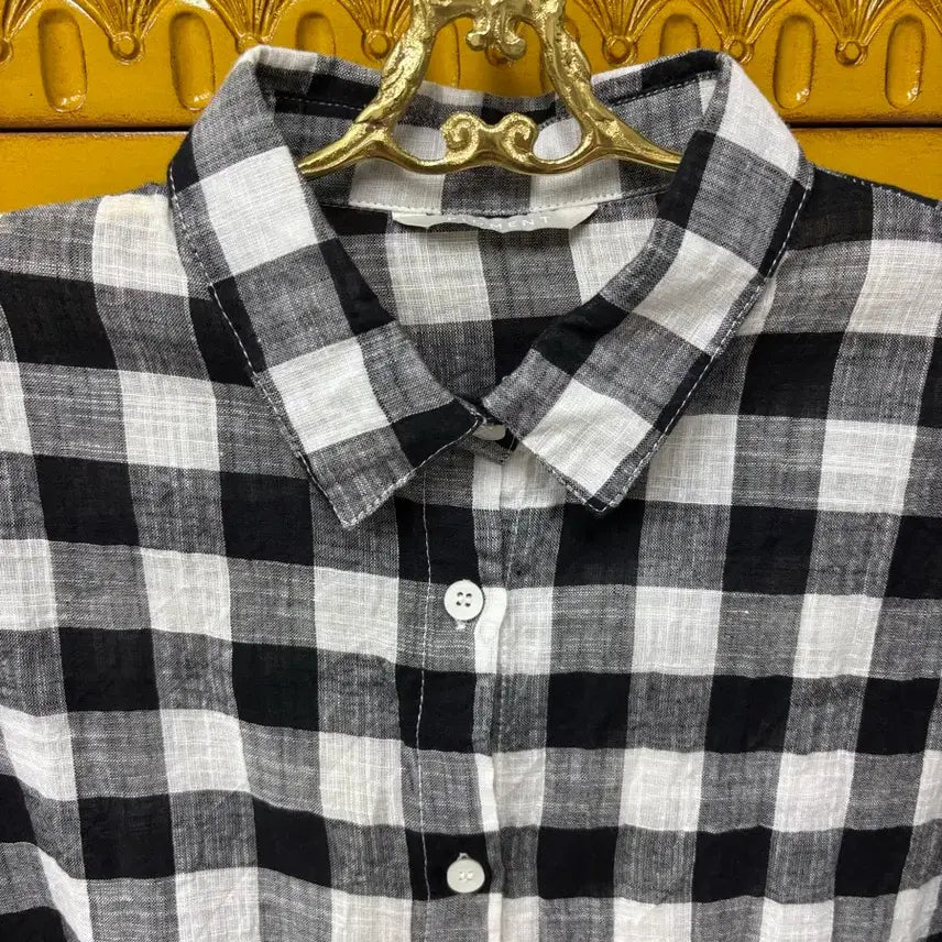 [BUNJANG] Black White Check Cropped Shirt Linen-Feel Summer Long Sleeve / 반값택포) 블랙 화이트 체크 크롭 셔츠 / 린넨 느낌 여름 긴팔
