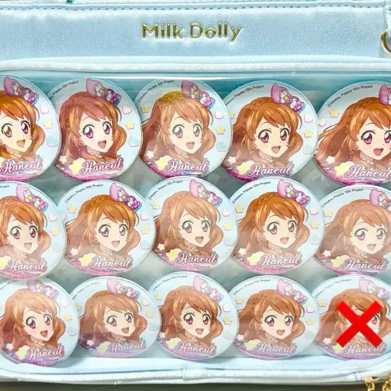 [BUNJANG] Fuyuneko Victoria Nylon Satin Ita Bag (Sky Blue) with Ichigo Hoshimiya Badges / 아이카츠 스타파라 아카리 하늘 이타백 판매 후유네코 빅토리아 나일론 새틴