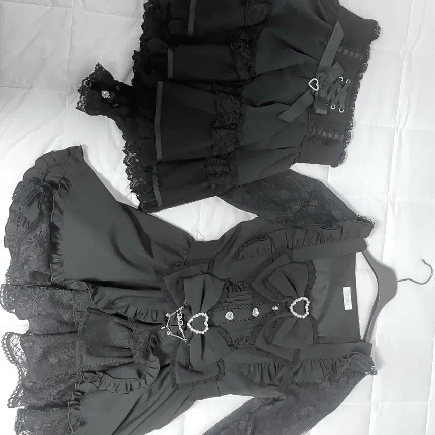 [SOLD OUT] 가격안내림)리즈리사 프론트 카슈쿨 빅리본 긴팔 셋업 블랙