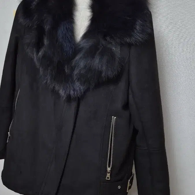 [BUNJANG] Black Suede Jacket with Fur Collar / 블랙 퍼 카라 스웨이드 자켓