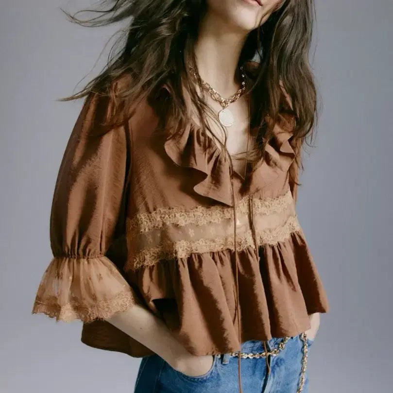 [BUNJANG] H&amp;M Frill Blouse (Brown) / H&amp;M 레이스 디테일 블라우스 새상품