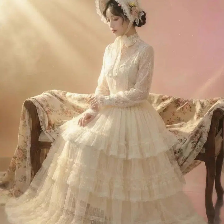 [BUNJANG] Lolita Lace Tiered Long Skirt / 로리타 레이스 캉캉롱스커트