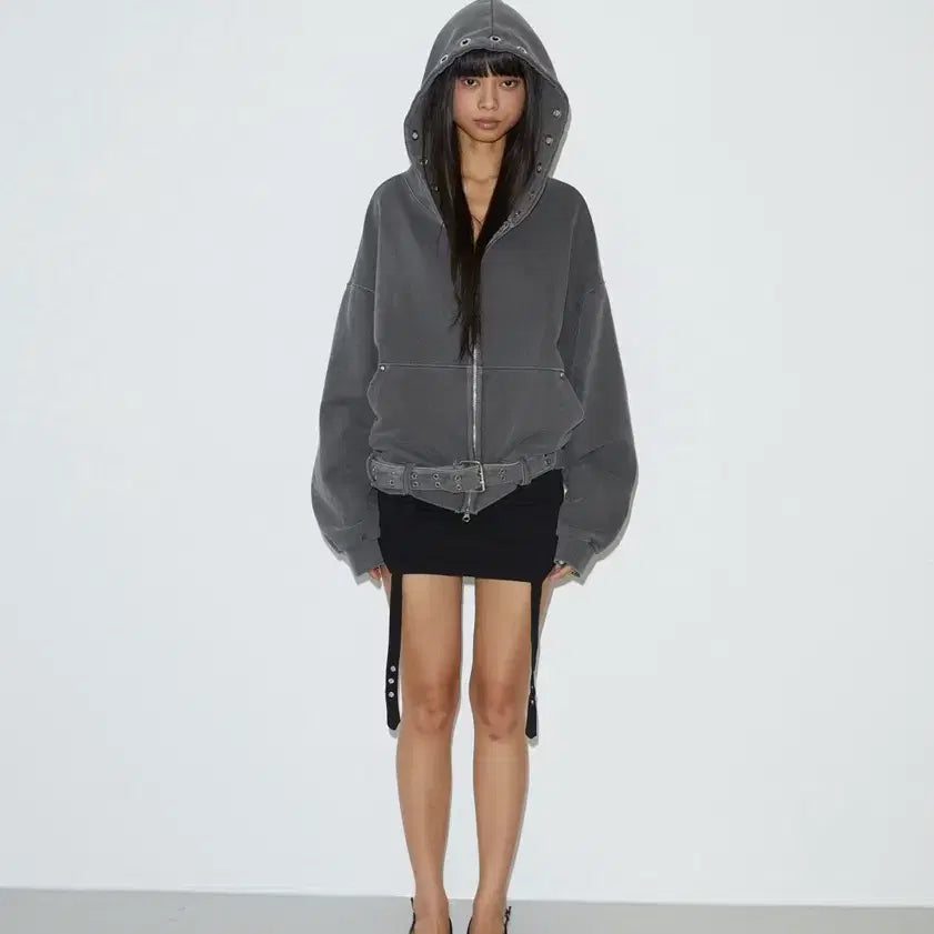 [BUNJANG] Voont Eyelet Belt Hood Zip-Up Charcoal / 분트 아일렛 벨트 후드집업