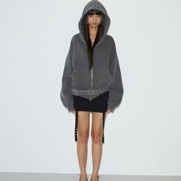 [BUNJANG] Voont Eyelet Belt Hood Zip-Up Charcoal / 분트 아일렛 벨트 후드집업