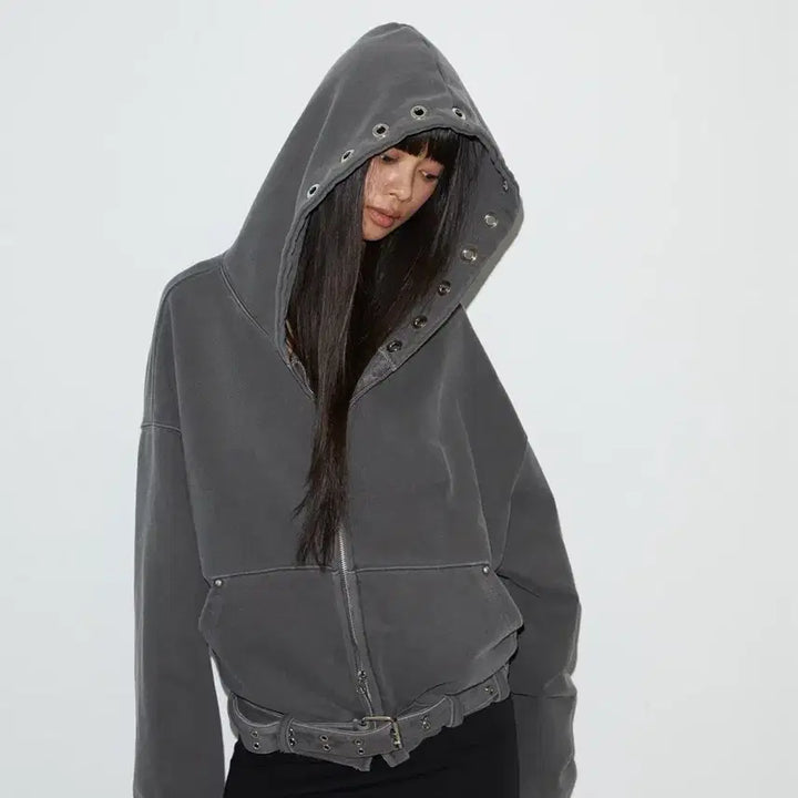 [BUNJANG] Voont Eyelet Belt Hood Zip-Up Charcoal / 분트 아일렛 벨트 후드집업