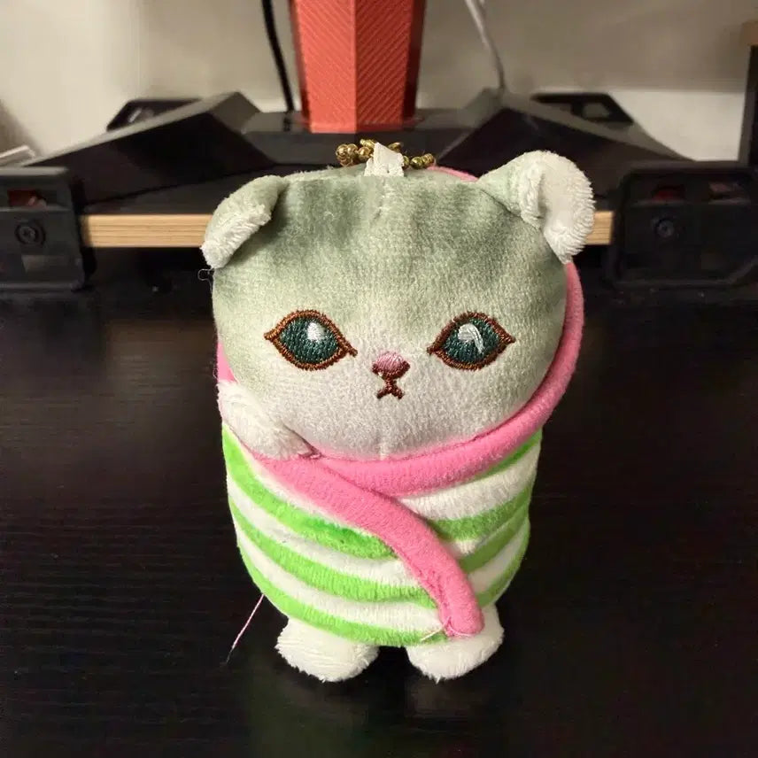 [BUNJANG] Green Striped Cat Plush Keychain Mascot / 초록 줄무늬 고양이 인형 키링 마스코트 (상태 상세 확인)