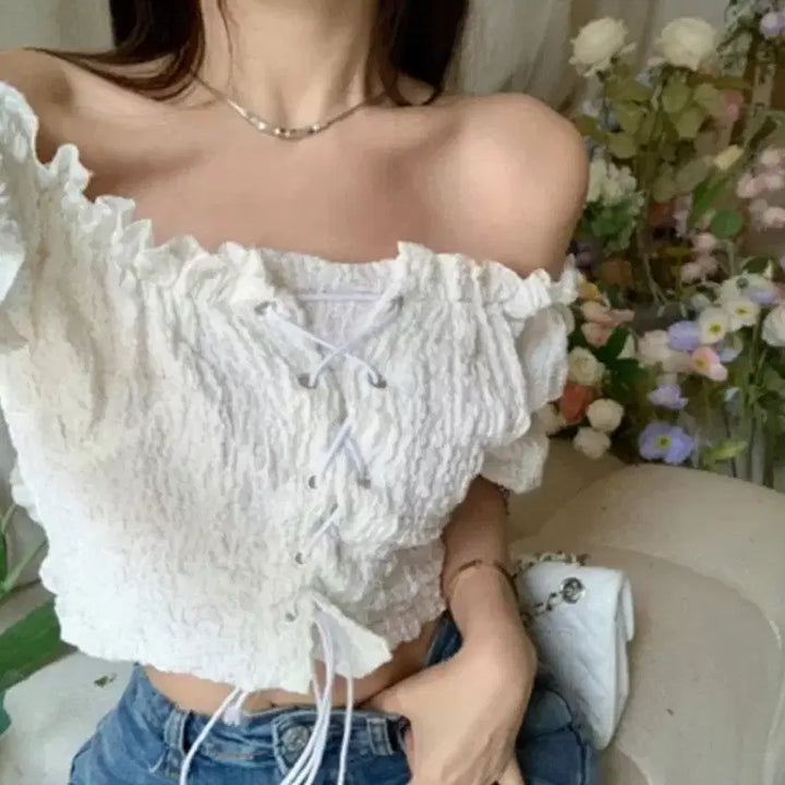 [BUNJANG] White Puff Sleeve Crop Blouse / 화이트 퍼프 소매 크롭 블라우스